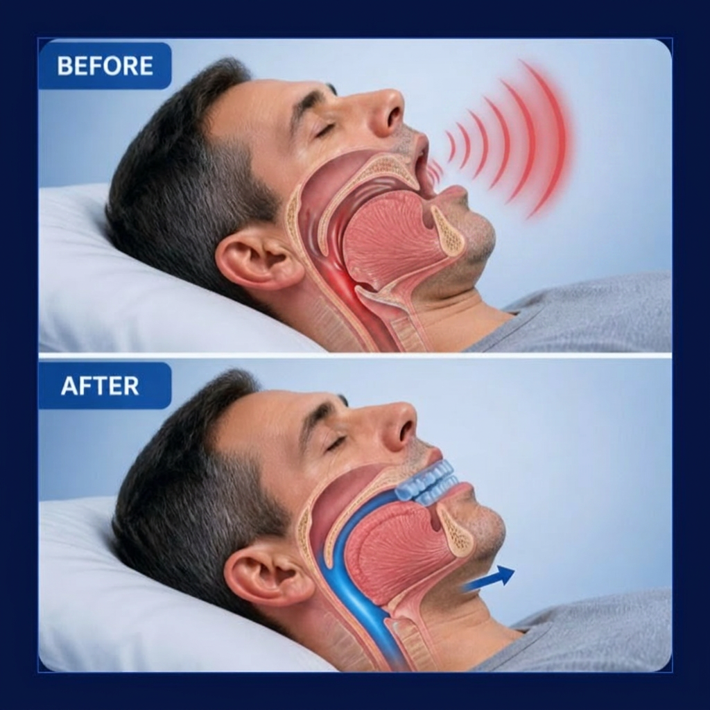 Medical diagram showing how Honex pushes the lower jaw forward to open the airway and stop snoring